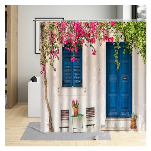 GMGQJST Duschvorhang Traditioneller Stadtstraßen-Duschvorhang, Blumen, malerisches blaues Fenster, Badezimmer-Dekor, Polyester, Clorh-Badevorhänge mit Haken(1485zy,180x210cm-70x83in) von GMGQJST
