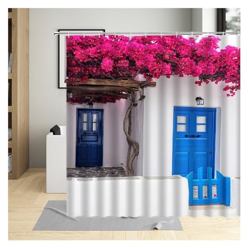 GMGQJST Duschvorhang Traditioneller Stadtstraßen-Duschvorhang, Blumen, malerisches blaues Fenster, Badezimmer-Dekor, Polyester, Clorh-Badevorhänge mit Haken(1565zy,240x180cm-94x70in) von GMGQJST