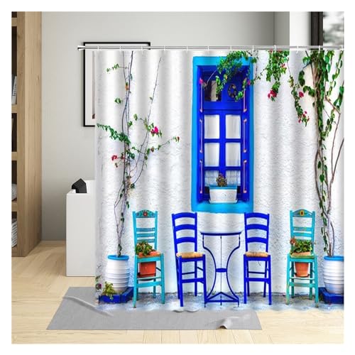 GMGQJST Duschvorhang Traditioneller Stadtstraßen-Duschvorhang, Blumen, malerisches blaues Fenster, Badezimmer-Dekor, Polyester, Clorh-Badevorhänge mit Haken(1586zy,200x180cm-78x70in) von GMGQJST