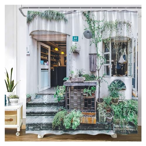 GMGQJST Duschvorhang Traditioneller Stadtstraßen-Duschvorhang, Blumen, malerisches blaues Fenster, Badezimmer-Dekor, Polyester, Clorh-Badevorhänge mit Haken(174G,150x180cm-60x70in) von GMGQJST