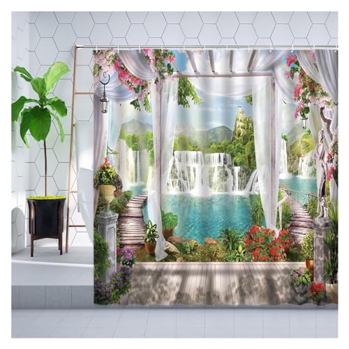 GMGQJST Duschvorhang Traditioneller Stadtstraßen-Duschvorhang, Blumen, malerisches blaues Fenster, Badezimmer-Dekor, Polyester, Clorh-Badevorhänge mit Haken(1989zy,180x180cm-70x70in) von GMGQJST