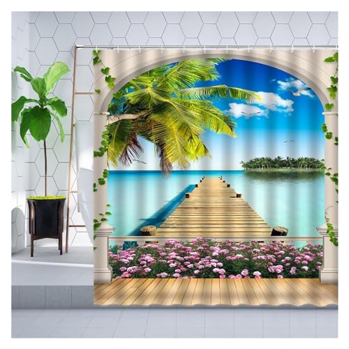 GMGQJST Duschvorhang Traditioneller Stadtstraßen-Duschvorhang, Blumen, malerisches blaues Fenster, Badezimmer-Dekor, Polyester, Clorh-Badevorhänge mit Haken(2078zy,180x210cm-70x83in) von GMGQJST