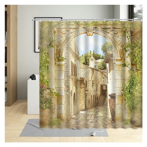 GMGQJST Duschvorhang Traditioneller Stadtstraßen-Duschvorhang, Blumen, malerisches blaues Fenster, Badezimmer-Dekor, Polyester, Clorh-Badevorhänge mit Haken(2690YJ,220x180cm-86x70in) von GMGQJST