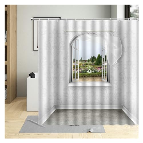 GMGQJST Duschvorhang Traditioneller Stadtstraßen-Duschvorhang, Blumen, malerisches blaues Fenster, Badezimmer-Dekor, Polyester, Clorh-Badevorhänge mit Haken(3514G,120x180cm-47x70in) von GMGQJST