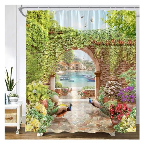 GMGQJST Duschvorhang Traditioneller Stadtstraßen-Duschvorhang, Blumen, malerisches blaues Fenster, Badezimmer-Dekor, Polyester, Clorh-Badevorhänge mit Haken(60408J,120x180cm-47x70in) von GMGQJST