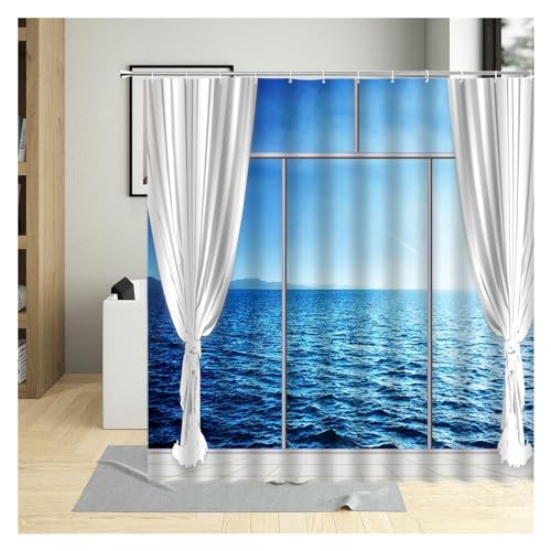 GMGQJST Duschvorhang Traditioneller Stadtstraßen-Duschvorhang, Blumen, malerisches blaues Fenster, Badezimmer-Dekor, Polyester, Clorh-Badevorhänge mit Haken(6288G,240x180cm-94x70in) von GMGQJST