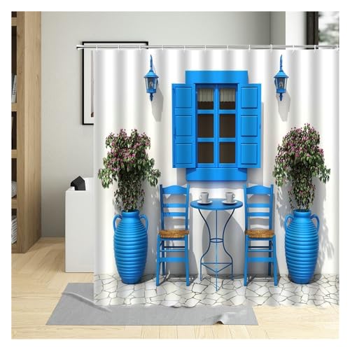 GMGQJST Duschvorhang Traditioneller Stadtstraßen-Duschvorhang, Blumen, malerisches blaues Fenster, Badezimmer-Dekor, Polyester, Clorh-Badevorhänge mit Haken(6541L,90x180cm-35x70in) von GMGQJST