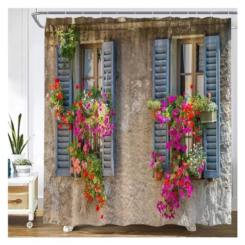 GMGQJST Duschvorhang Traditioneller Stadtstraßen-Duschvorhang, Blumen, malerisches blaues Fenster, Badezimmer-Dekor, Polyester, Clorh-Badevorhänge mit Haken(6876J,180x180cm-70x70in) von GMGQJST