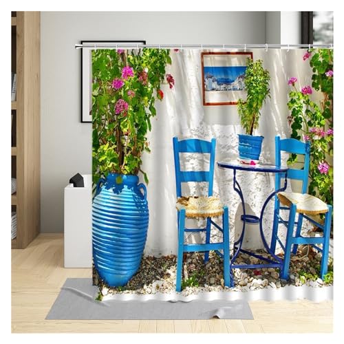 GMGQJST Duschvorhang Traditioneller Stadtstraßen-Duschvorhang, Blumen, malerisches blaues Fenster, Badezimmer-Dekor, Polyester, Clorh-Badevorhänge mit Haken(7028J,90x180cm-35x70in) von GMGQJST