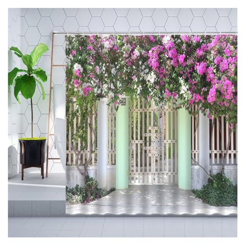 GMGQJST Duschvorhang Traditioneller Stadtstraßen-Duschvorhang, Blumen, malerisches blaues Fenster, Badezimmer-Dekor, Polyester, Clorh-Badevorhänge mit Haken(7071J,90x180cm-35x70in) von GMGQJST