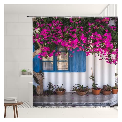 GMGQJST Duschvorhang Traditioneller Stadtstraßen-Duschvorhang, Blumen, malerisches blaues Fenster, Badezimmer-Dekor, Polyester, Clorh-Badevorhänge mit Haken(71057J,150x180cm-60x70in) von GMGQJST