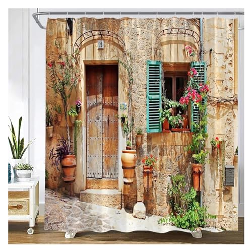 GMGQJST Duschvorhang Traditioneller Stadtstraßen-Duschvorhang, Blumen, malerisches blaues Fenster, Badezimmer-Dekor, Polyester, Clorh-Badevorhänge mit Haken(710ZF,240x180cm-94x70in) von GMGQJST
