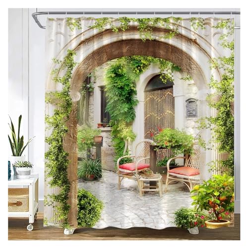 GMGQJST Duschvorhang Traditioneller Stadtstraßen-Duschvorhang, Blumen, malerisches blaues Fenster, Badezimmer-Dekor, Polyester, Clorh-Badevorhänge mit Haken(7469ZW,200x180cm-78x70in) von GMGQJST