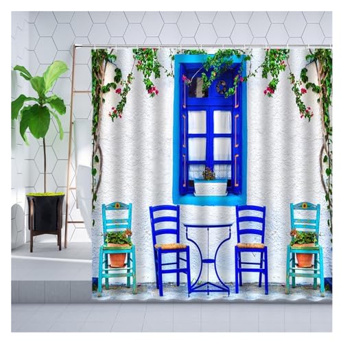 GMGQJST Duschvorhang Traditioneller Stadtstraßen-Duschvorhang, Blumen, malerisches blaues Fenster, Badezimmer-Dekor, Polyester, Clorh-Badevorhänge mit Haken(7855J,200x180cm-78x70in) von GMGQJST