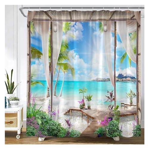 GMGQJST Duschvorhang Traditioneller Stadtstraßen-Duschvorhang, Blumen, malerisches blaues Fenster, Badezimmer-Dekor, Polyester, Clorh-Badevorhänge mit Haken(8262J,120x180cm-47x70in) von GMGQJST