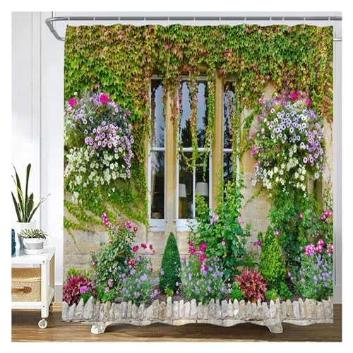 GMGQJST Duschvorhang Traditioneller Stadtstraßen-Duschvorhang, Blumen, malerisches blaues Fenster, Badezimmer-Dekor, Polyester, Clorh-Badevorhänge mit Haken(870J,120x180cm-47x70in) von GMGQJST