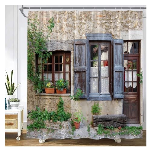 GMGQJST Duschvorhang Traditioneller Stadtstraßen-Duschvorhang, Blumen, malerisches blaues Fenster, Badezimmer-Dekor, Polyester, Clorh-Badevorhänge mit Haken(872G,90x180cm-35x70in) von GMGQJST