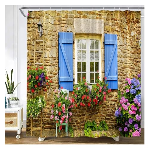 GMGQJST Duschvorhang Traditioneller Stadtstraßen-Duschvorhang, Blumen, malerisches blaues Fenster, Badezimmer-Dekor, Polyester, Clorh-Badevorhänge mit Haken(906J,120x180cm-47x70in) von GMGQJST