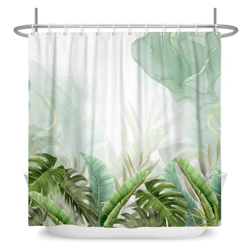 GMGQJST Duschvorhang Tropischer Grünblatt-Duschvorhang, Tulpen-Badezimmervorhang, romantischer erfrischender Vorhang, Polyester, wasserdicht, Badezimmerdusche(YLQ8206(15),W90xH180cm) von GMGQJST