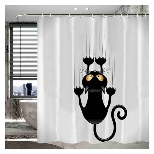 GMGQJST Duschvorhang Waschbarer Stoff-Duschvorhang mit lustiger Katze, niedliche Tiere, Dinosaurier, schöne Haustierkatze, Cartoon-Badezimmervorhänge, Dekortrennwand(Black cat 188M,100-180cm) von GMGQJST