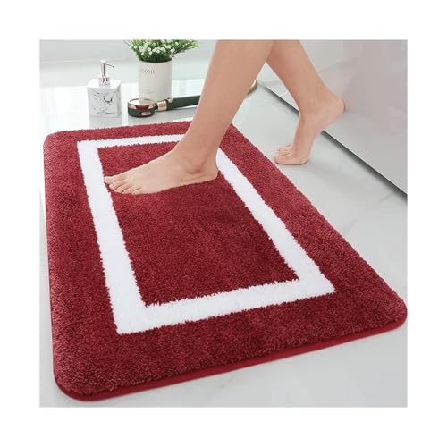 GMGQJST FußMatte Saugfähige Badematte Badezimmerteppich Dusche Rutschfester Schlafzimmer Waschteppich Weich Dick Wohnzimmer Plüsch Fußbodendekor(Red,51x81cm) von GMGQJST