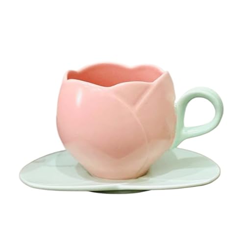 GMGQJST Kaffeetassen Set 300ml Keramik Kaffeetasse Set Tulpenförmige Keramik Teetasse Große Kapazität Mit Untertasse for Hafer Frühstück Tasse(Pink Set) von GMGQJST