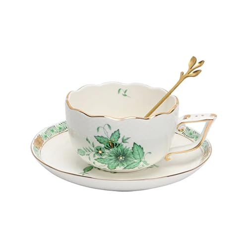 GMGQJST Kaffeetassen Set Grüne Pflanze Muster Keramik Kaffeetasse und Teller Set mit Löffel Nachmittagstee Zeit Teetasse von GMGQJST