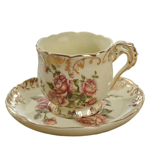 GMGQJST Kaffeetassen Set Pastorale Rose Bone China Teetasse Untertasse Löffel Set Porzellan Kaffeetasse 200ml Cafe Tumbler Party Drinkware von GMGQJST