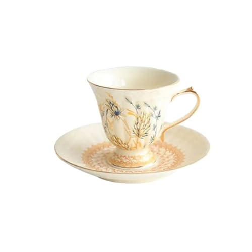 GMGQJST Kaffeetassen Set Retro Relief Nachmittagstee Kaffeetassen, Goldener Rand Teetasse und Untertassen, Weizenohr Keramik Becher Kaffeetasse Set mit Dessertteller(Cup Set-200ml) von GMGQJST