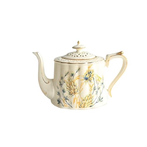GMGQJST Kaffeetassen Set Retro Relief Nachmittagstee Kaffeetassen, Goldener Rand Teetasse und Untertassen, Weizenohr Keramik Becher Kaffeetasse Set mit Dessertteller(Kettle-850ml) von GMGQJST