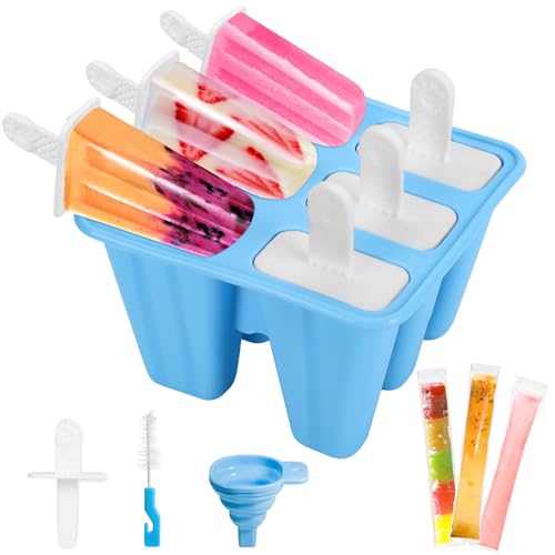 Eisformen Eis am Stiel, Eisformen Silikon BPA Frei mit 30 Wassereis Tüten & Reinigungsbürste & Faltbarer Trichter, 6 Popsicle Formen Wiederverwendbar DIY Eisform für Kinder und Erwachsene(Blau) von GMGXX