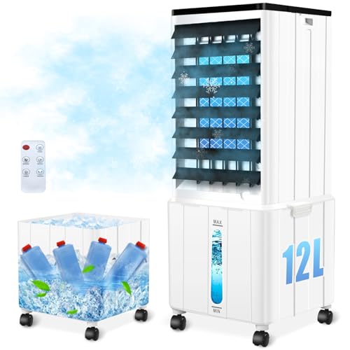 Klimagerät ohne Abluftschlauch, 12L 60W Klimaanlage Mobil mit 12H Timer, 3 Modus, 40dB, 120°Oszillation, Abnehmbare Wassertank, Fernbedienung, Leise Luftkühler Air Conditioner für Wohnung Zimmer Räume von GMGXX