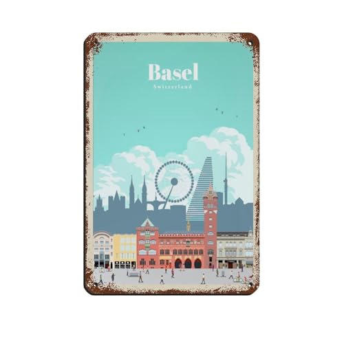 Basel Schweiz Vintage Retro Reiseposter Retro Poster Metall Blechschild Chic Kunst Retro Eisen Malerei Bar Menschen Höhle Cafe Familie Garage Poster Wanddekoration Stil 20 x 30 cm von GMLGWW
