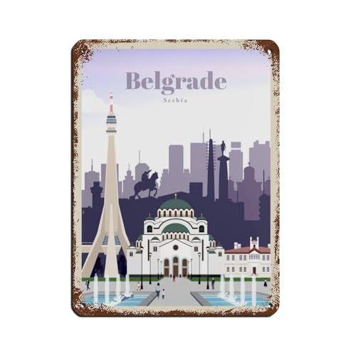 GMLGWW Vintage Retro Reiseposter Belgrad Serbien Blechschild Vintage Metall Pub Club Cafe Bar Home Wandkunst Dekoration Poster Retro-Stil 30 x 40 cm von GMLGWW