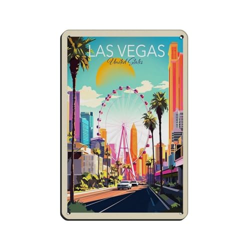 GMLGWW Vintage Retro Reiseposter Las Vegas Blechschild Vintage Metall Pub Club Cafe Bar Home Wandkunst Dekoration Poster Retro-Stil 20 x 30 cm von GMLGWW