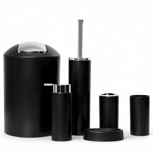 6tlg Badset Badezimmer Zubehör Set Organizer: Seifenspender, Zahnputzbecher, Kosmetikeimer, WC Bürste und Halter, Seifenschale, Mülleimer, Zahnbürstenhalter, Badgarnitur (Schwarz Design 2a) von GMMH