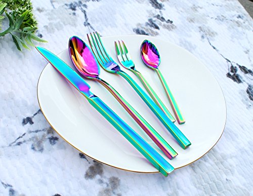 Edles Besteck Set für 6 Personen (5er Set Regenbogen) 30 Teile aus Edelstahl Rostfrei Spülmaschinen geeignet in edlem Design, Löffel, Teelöffel, Gabel, Kuchengabel, Messer von GMMH