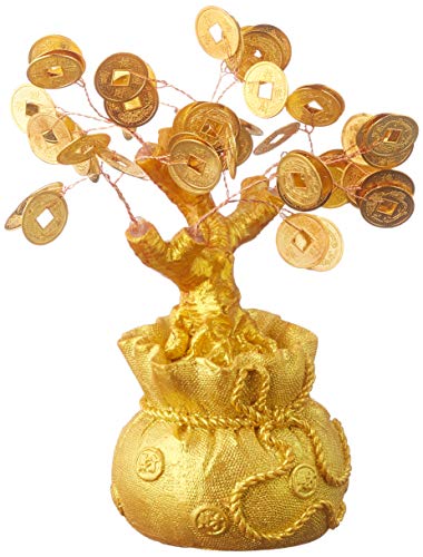 GMMH Feng Shui Glücksbaum 17 cm Geldbaum Bonsai Pfennigbaum Handarbeit Stein Gold von GMMH