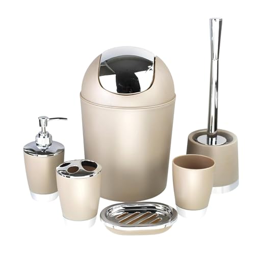 6tlg Badset Badezimmer Zubehör Set Organizer: Seifenspender, Zahnputzbecher, Kosmetikeimer, WC Bürste und Halter, Seifenschale, Mülleimer, Zahnbürstenhalter, Badgarnitur (Beige Design 1) von GMMH