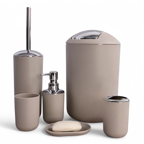 6tlg Badset Badezimmer Zubehör Set Organizer: Seifenspender, Zahnputzbecher, Kosmetikeimer, WC Bürste und Halter, Seifenschale, Mülleimer, Zahnbürstenhalter, Badgarnitur (Beige Design 2) von GMMH