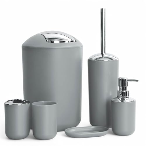 6tlg Badset Badezimmer Zubehör Set Organizer: Seifenspender, Zahnputzbecher, Kosmetikeimer, WC Bürste und Halter, Seifenschale, Mülleimer, Zahnbürstenhalter, Badgarnitur (Grau Design 2) von GMMH