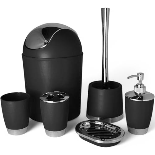 6tlg Badset Badezimmer Zubehör Set Organizer: Seifenspender, Zahnputzbecher, Kosmetikeimer, WC Bürste und Halter, Seifenschale, Mülleimer, Zahnbürstenhalter, Badgarnitur (Schwarz Design 1) von GMMH