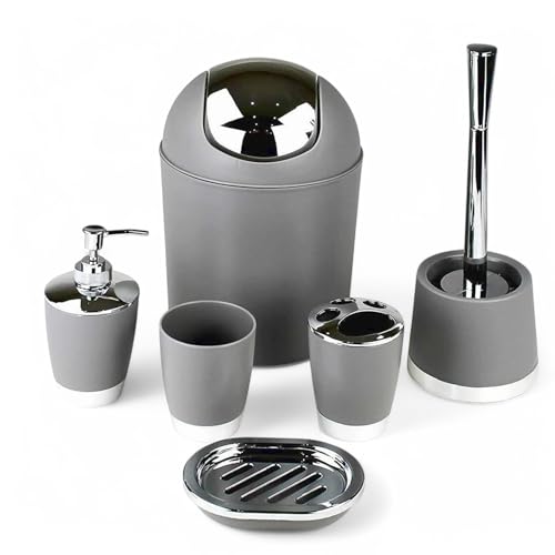 6tlg Badset Badezimmer Zubehör Set Organizer: Seifenspender, Zahnputzbecher, Kosmetikeimer, WC Bürste und Halter, Seifenschale, Mülleimer, Zahnbürstenhalter, Badgarnitur (Grau Design 1) von GMMH