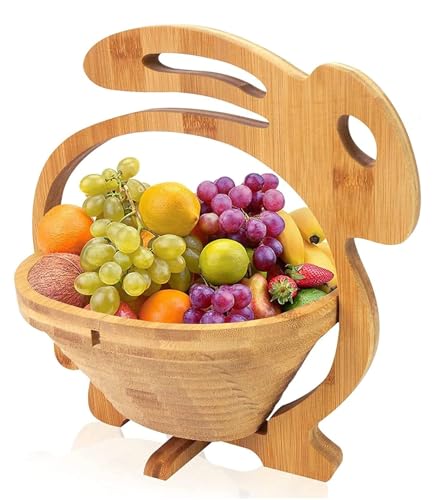 GMMH Ostereierkorb, Obstkorb und Topfuntersetzer aus Bambus (Hase) Ostern Ostereier Eierkorb, Faltbare Obstschale, Korb Schale Klappkorb Faltkorb Dekoschale aus Holz, Faltbar und Schwenkbar von GMMH
