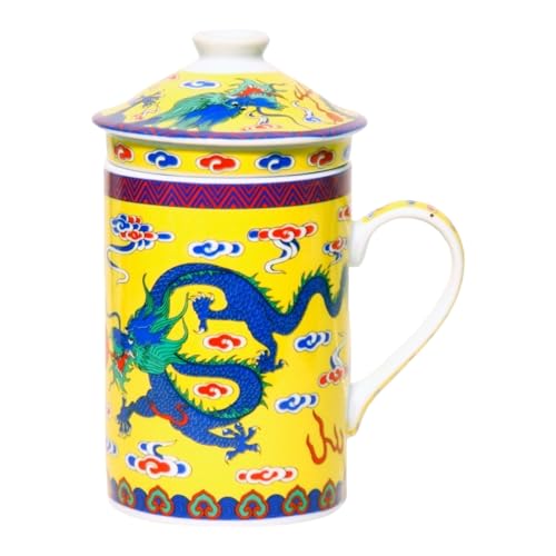 Keramik Teetasse mit Deckel + Sieb für Losen Tee mit Asiatischem Motiv (Blauer Drache, 495) Japanische Chinesische Tasse Für Teeliebhaber, Porzellan Kaffee Geschenk Set Asien Asia Becher Haferl von GMMH