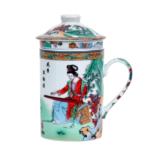 Keramik Teetasse mit Deckel + Sieb für Losen Tee mit Asiatischem Motiv (Mädchen in Rot, 042) Japanische Chinesische Tasse Für Teeliebhaber, Porzellan Kaffee Geschenk Set Asien Asia Becher Haferl von GMMH