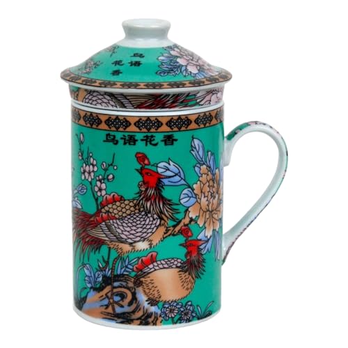 Keramik Teetasse mit Deckel + Sieb für Losen Tee mit Asiatischem Motiv (Vogel in Jasmin, 044) Japanische Chinesische Tasse Für Teeliebhaber, Porzellan Kaffee Geschenk Set Asien Asia Becher Haferl von GMMH