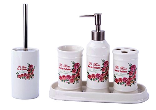 GMMH Landhaus Vintage BADSET Rosen Badezimmer ZUBEHÖR Set SEIFENSPENDER WC BÜRSTE Keramik von GMMH