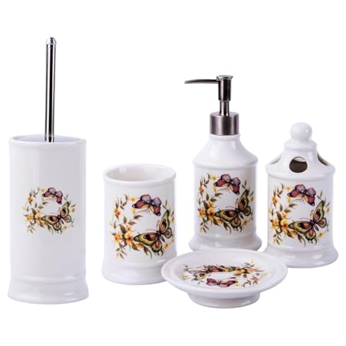 GMMH Landhaus Vintage BADSET Schmetterlinge Badezimmer ZUBEHÖR Set SEIFENSPENDER WC BÜRSTE Keramik (5 er Set) von GMMH