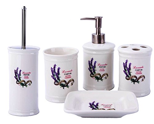 GMMH Landhaus Vintage BADSET Lavendel Badezimmer ZUBEHÖR Set SEIFENSPENDER WC BÜRSTE Keramik (5 er Set) von GMMH